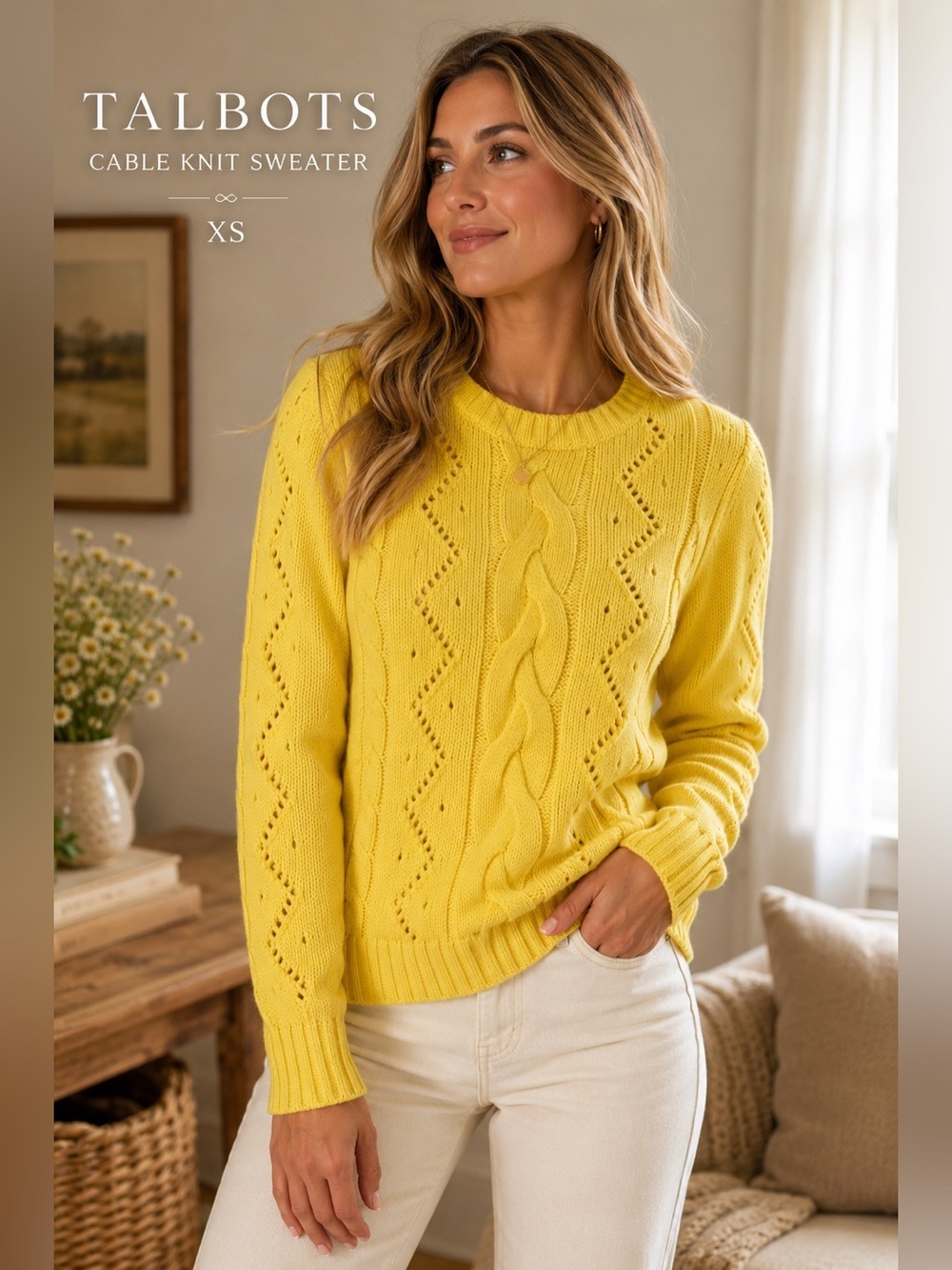Talbots Cable Knit Sweater XS Yellow Cotton Blend Crewneck Long Sleeve